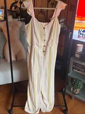 Women’s Striped Button-Front Capri jumper- cream, Pink & Yellow